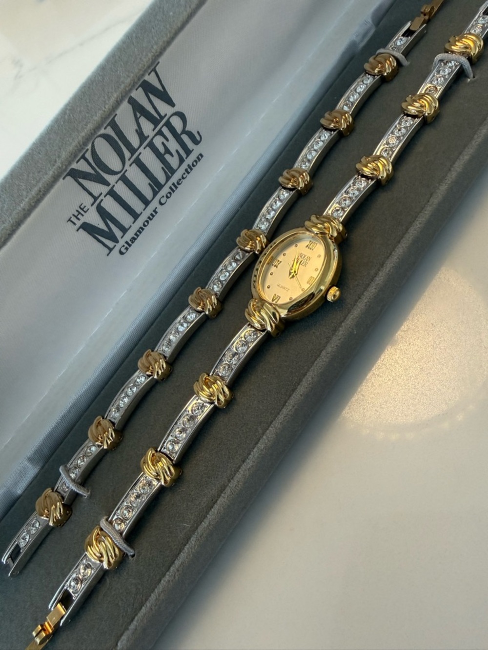 90s Vintage Nolan Miller Watch & Bracelet Clear Rhinestone Glamour Collection 7"
